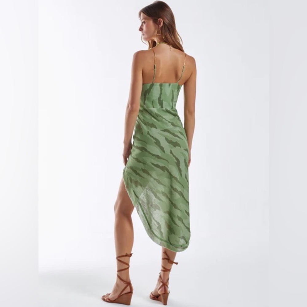 NWT Vix Surya Details Cowl Neck Camo Long Asymmetrical Dress with Gold Hardware - Picture 2 of 16